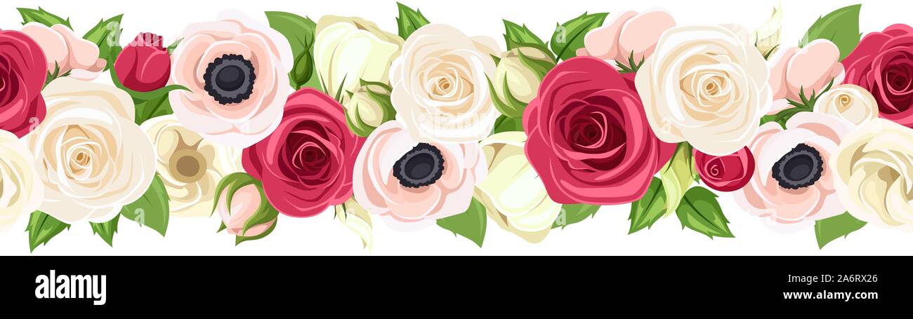 Vector horizontal guirnalda perfecta con rojos, rosados y rosas blancas, lisianthuses anémona y flores y hojas verdes. Ilustración del Vector