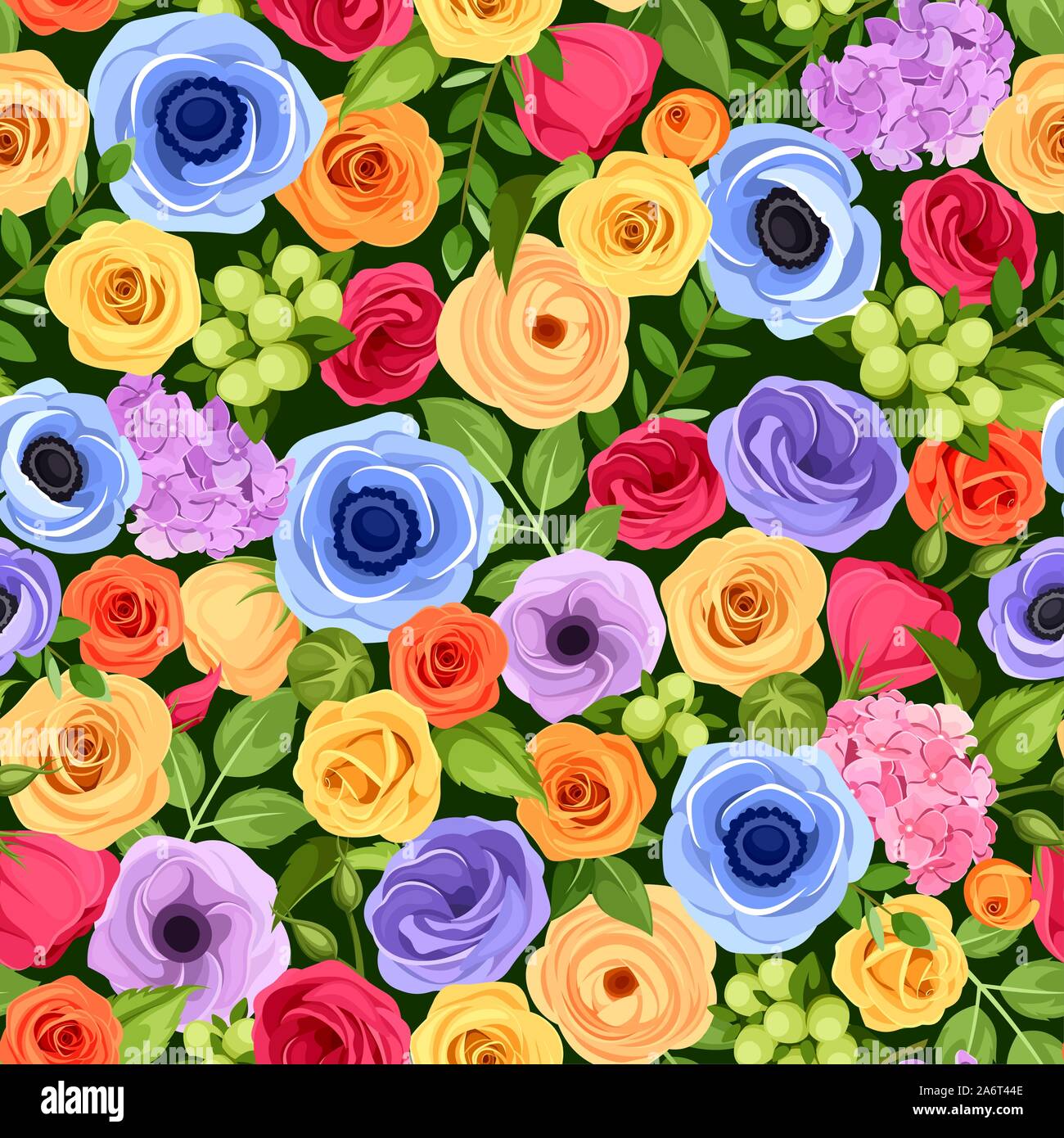 Vector de fondo sin fisuras con rojo, naranja, amarillo, azul y violeta, flores y hojas verdes. Ilustración del Vector