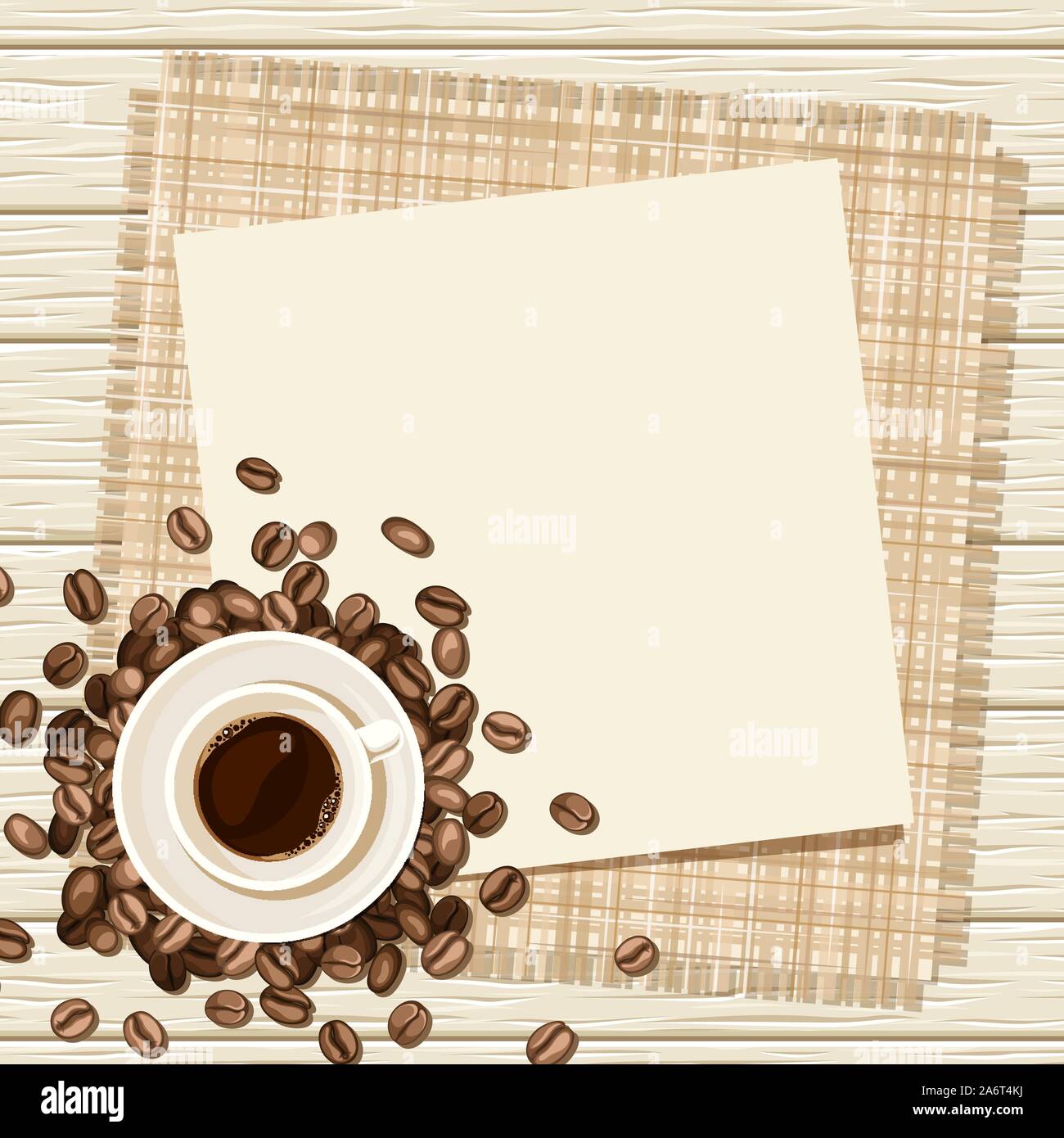 Antecedentes vectoriales con una taza de café y granos de café sobre un fondo de madera. Ilustración del Vector