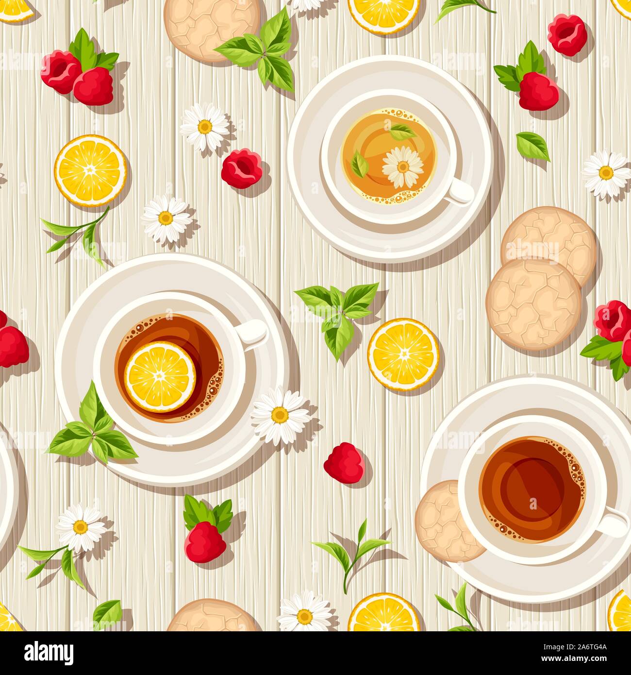 Vector patrón sin fisuras con tazas de té, galletas, limones, frambuesas y hojas sobre un fondo de madera. Ilustración del Vector