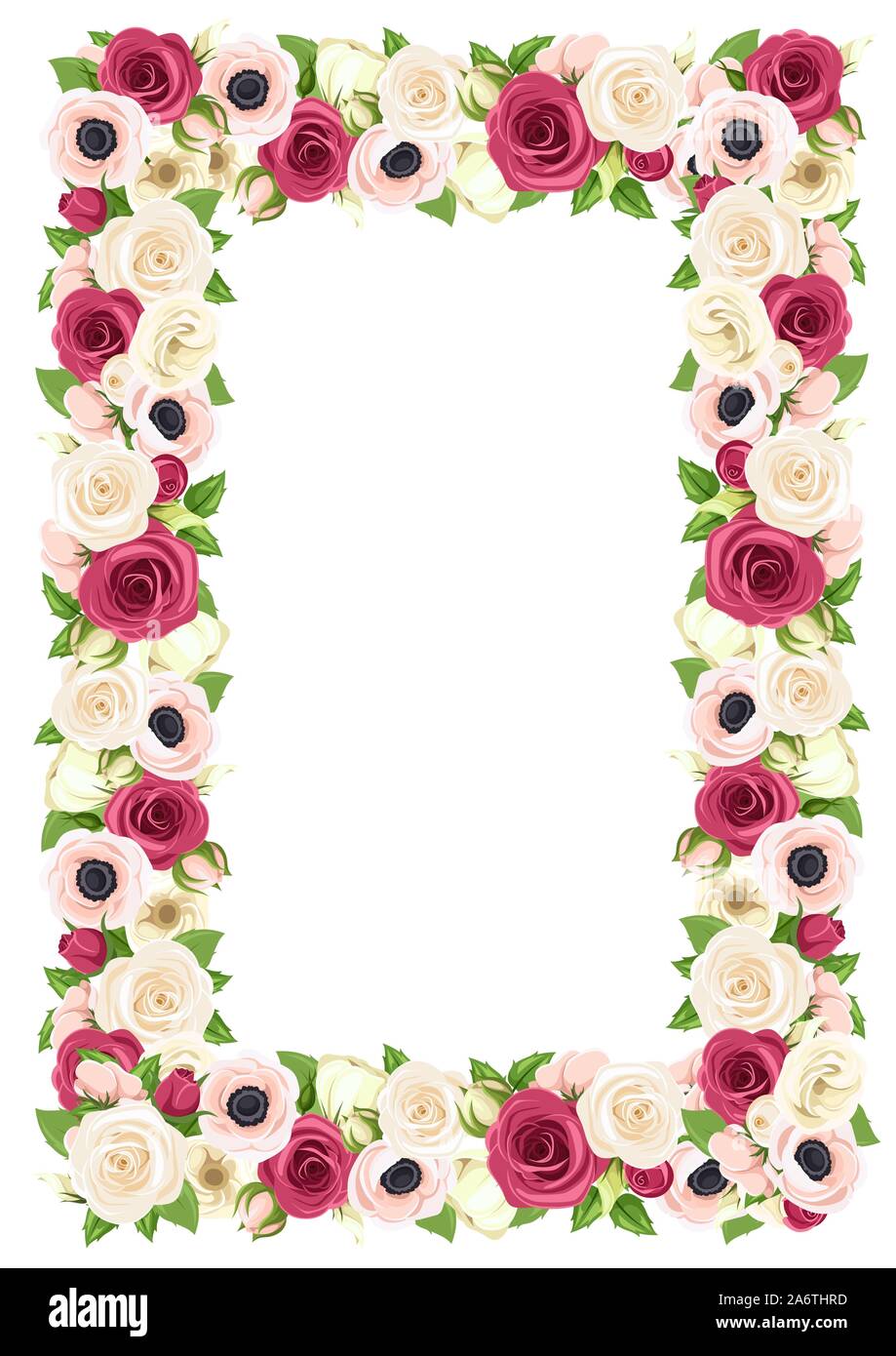 Antecedentes vectoriales bastidor con rojos, rosados y rosas blancas, lisianthuses anémona y flores. Ilustración del Vector