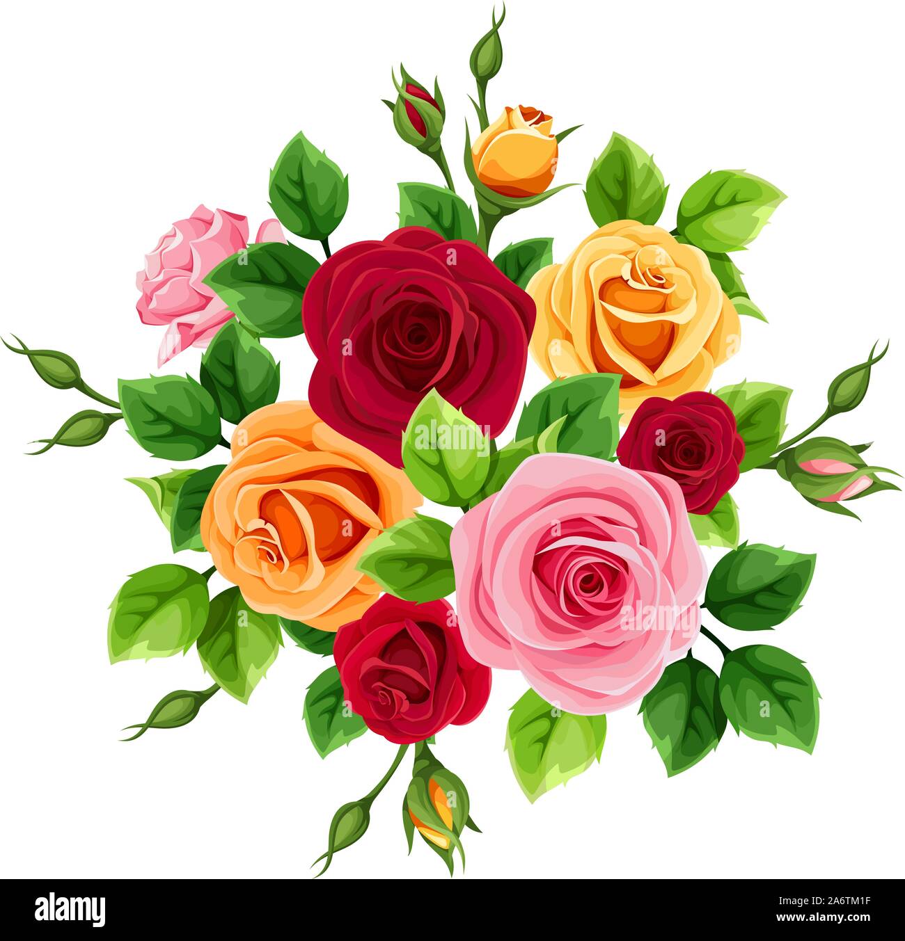 Bouquet de vectores con rojo, rosa, naranja y rosas amarillas aislado sobre un fondo blanco. Ilustración del Vector