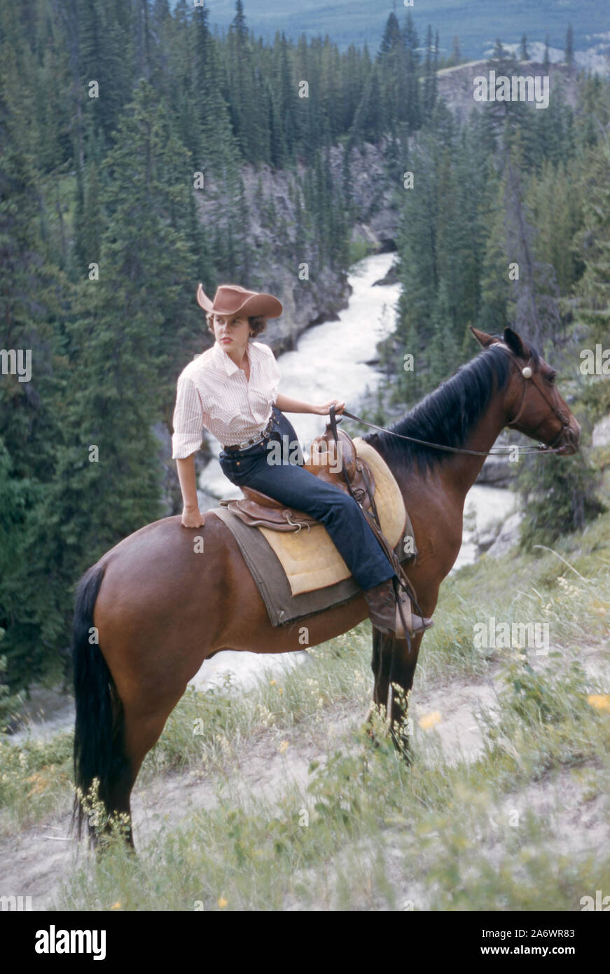 JASPER, AB - Julio, 1954: Vista General como una mujer sentada sobre su caballo durante una aventura a través de un terreno accidentado y cerca de un río alrededor de julio de 1954 en Jasper, Alberta, Canadá. (Foto por Hy Peskin) (número de registro: X1485) Foto de stock
