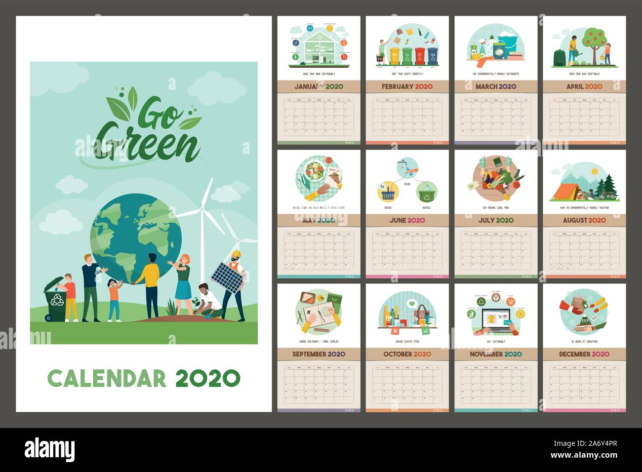 Go green calendario de pared 2020 Eco friendly con sugerencias y consejos  para una vida sostenible de residuos cero, grid planner con textura de  papel reciclado Imagen Vector de stock - Alamy
