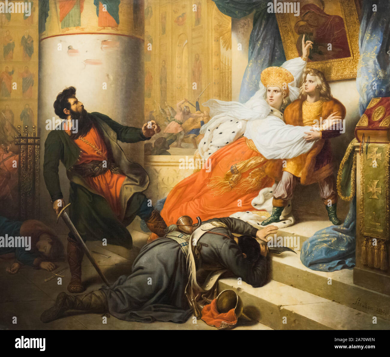 Pedro el Grande en la infancia, salvado de la furia de los Streltsy por su madre. Después de una pintura de Charles de Steuben. Exhibido en el afrecho de Málaga Foto de stock