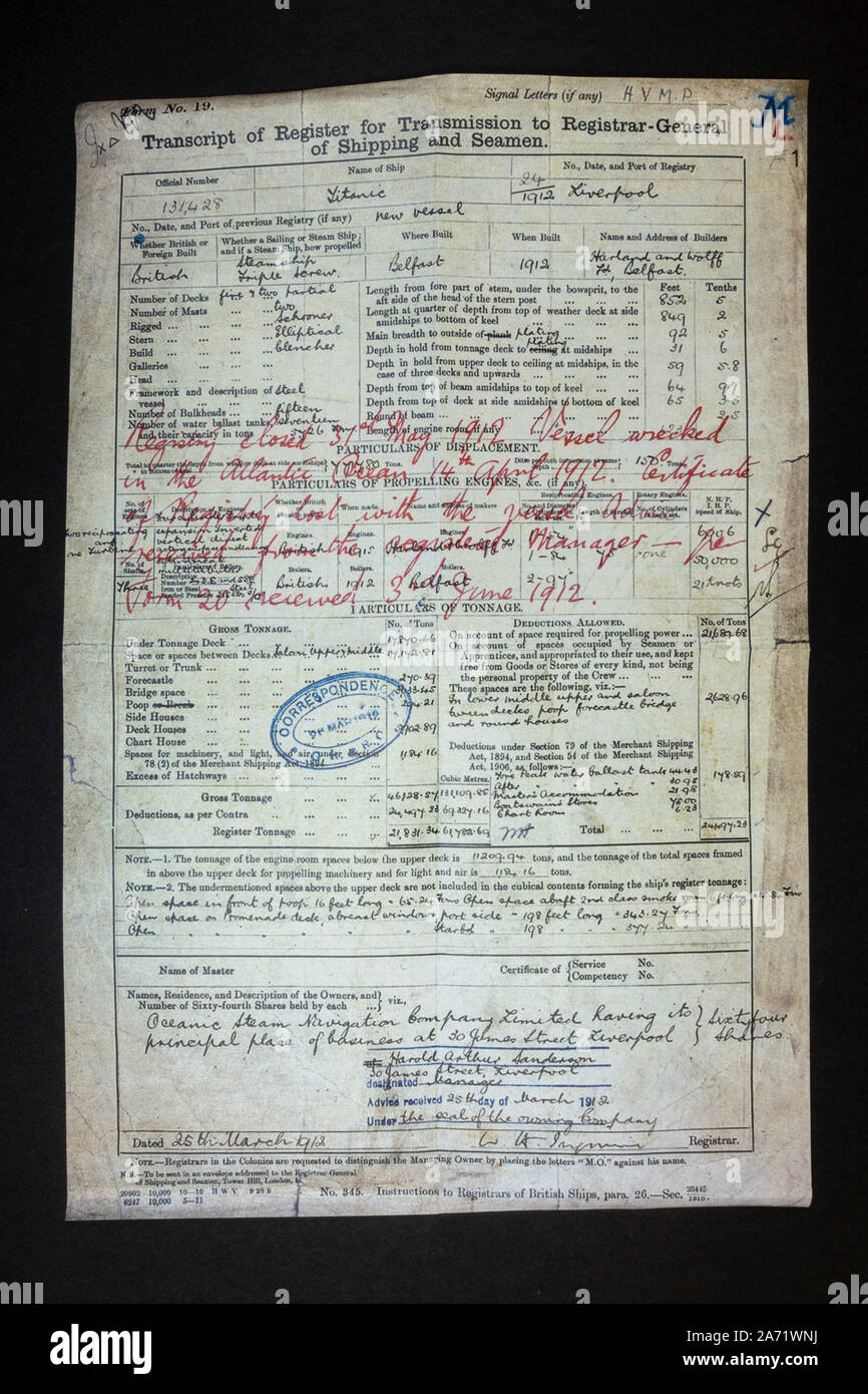 Réplica de recuerdos relacionados con el Titanic: Titanic Documento de Registro con 'Registro cerrado' y ' buque naufragado" escrito en él. Foto de stock