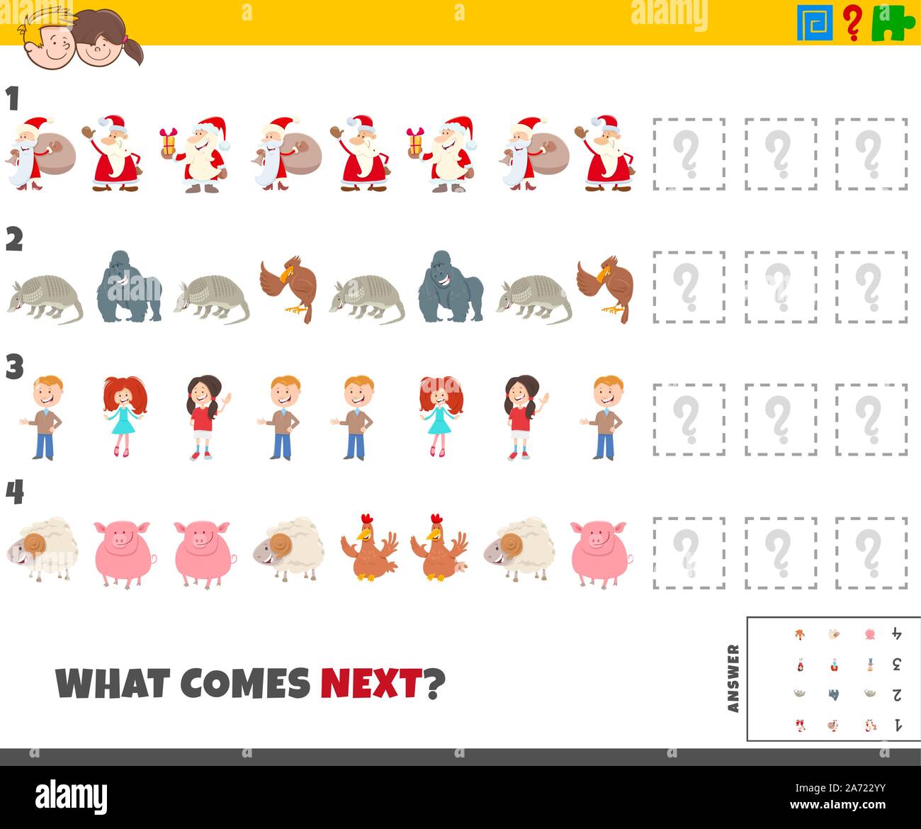 Ilustración de dibujos animados de completar la pauta juego educativo para  niños con Comic Personas y Personajes de animales Imagen Vector de stock -  Alamy