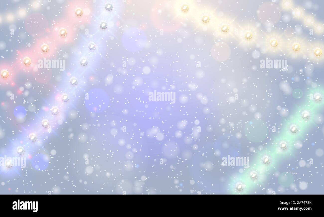 Vector coloridas luces navideñas nevadas de fondo. Xmas glowing garland en la nieve. Año Nuevo de neón luz festiva decoración nevados. Amarillo, rojo, rosado Ilustración del Vector