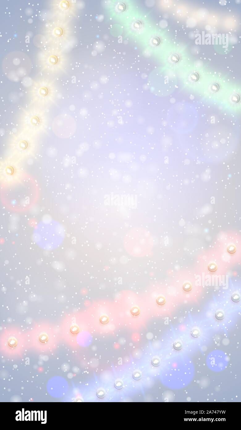 Vector coloridas luces navideñas nevadas de fondo vertical. Xmas glowing garland en la nieve. Año Nuevo de neón luz festiva decoración nevados. Amarillo, Rojo Ilustración del Vector