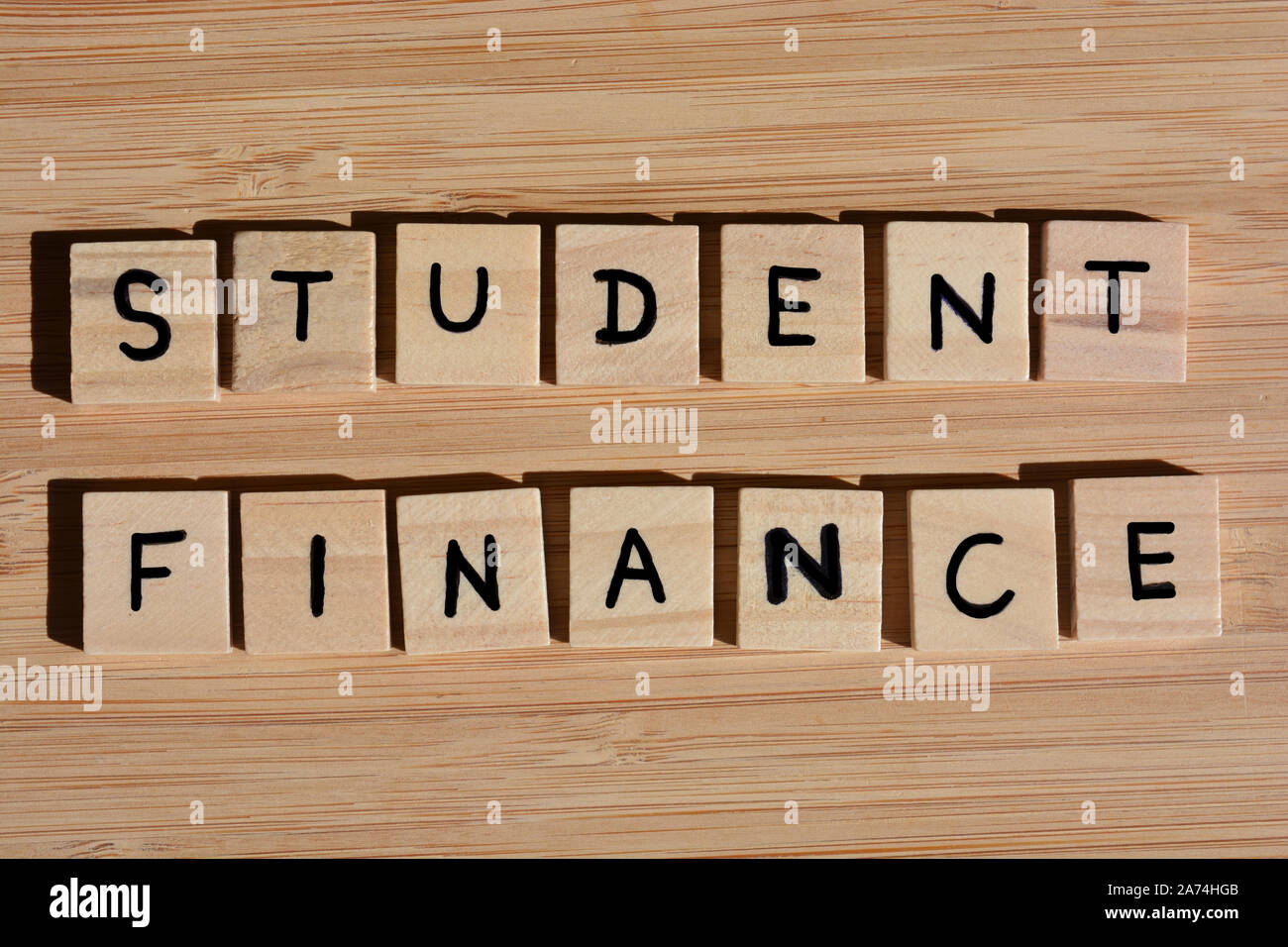 Estudiante de Finanzas, Palabra en 3d las letras del abecedario de madera sobre un fondo de bambú de madera Foto de stock