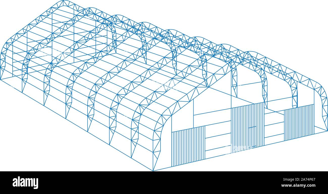 Toldo tarpaulin tienda temporal almacén exposición túnel sala de aviones proyecto hangar. Construcción de granero construcción estructura metálica estructura de canal. Bastidor de corte transparente. Ilustración isométrica vectorial Ilustración del Vector