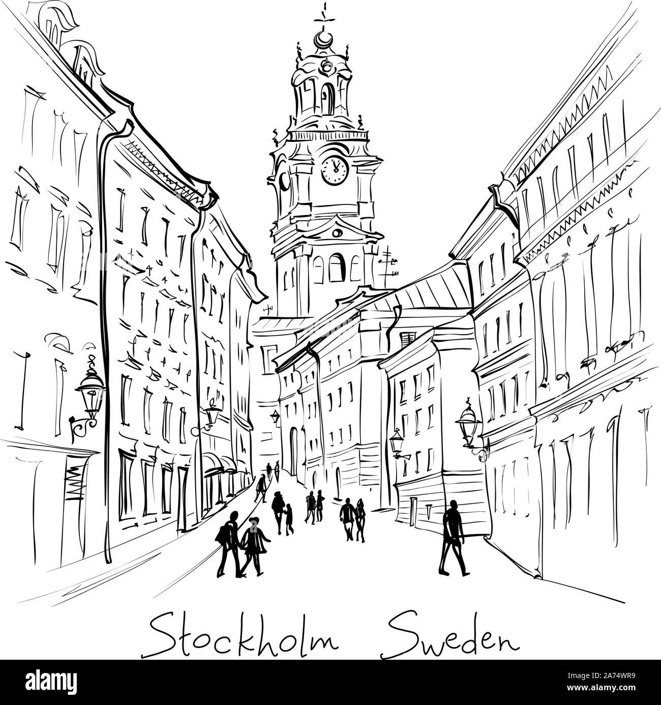 Blanco y negro vectorial boceto de la Iglesia de San Nicolás, o la Catedral de Estocolmo Storkyrkan, Gamla Stan, en el casco antiguo de Estocolmo, capital de Suecia Ilustración del Vector