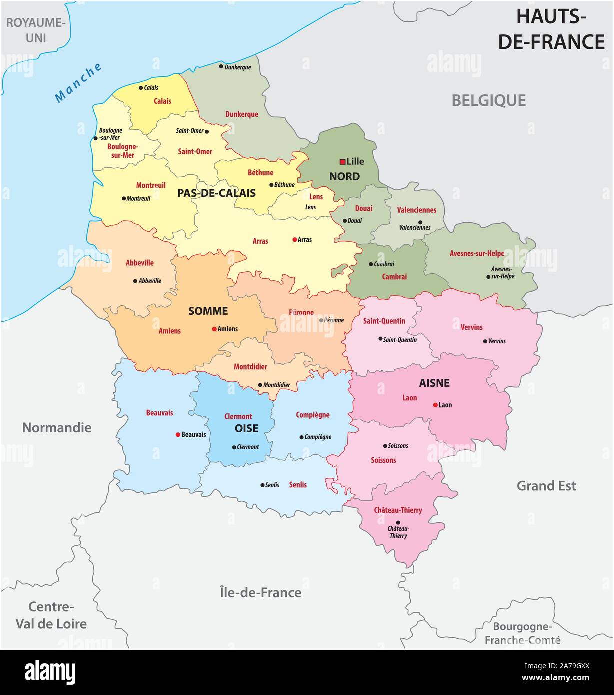 Mapa administrativo de la nueva región francesa Hauts de Francia Ilustración del Vector