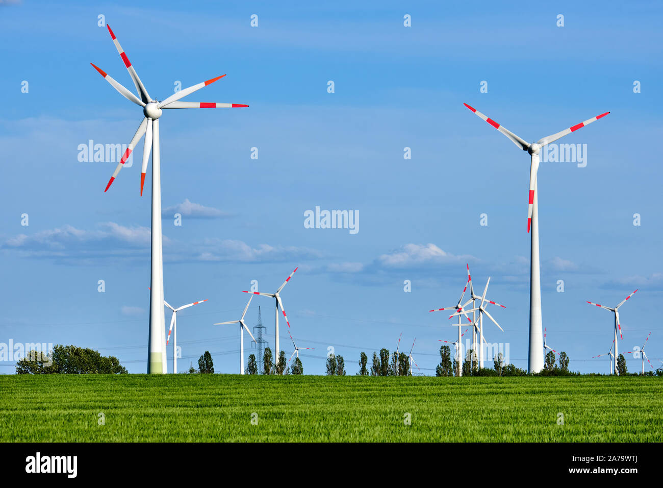 Los generadores de energía eólica moderna en un maizal visto en Alemania Foto de stock