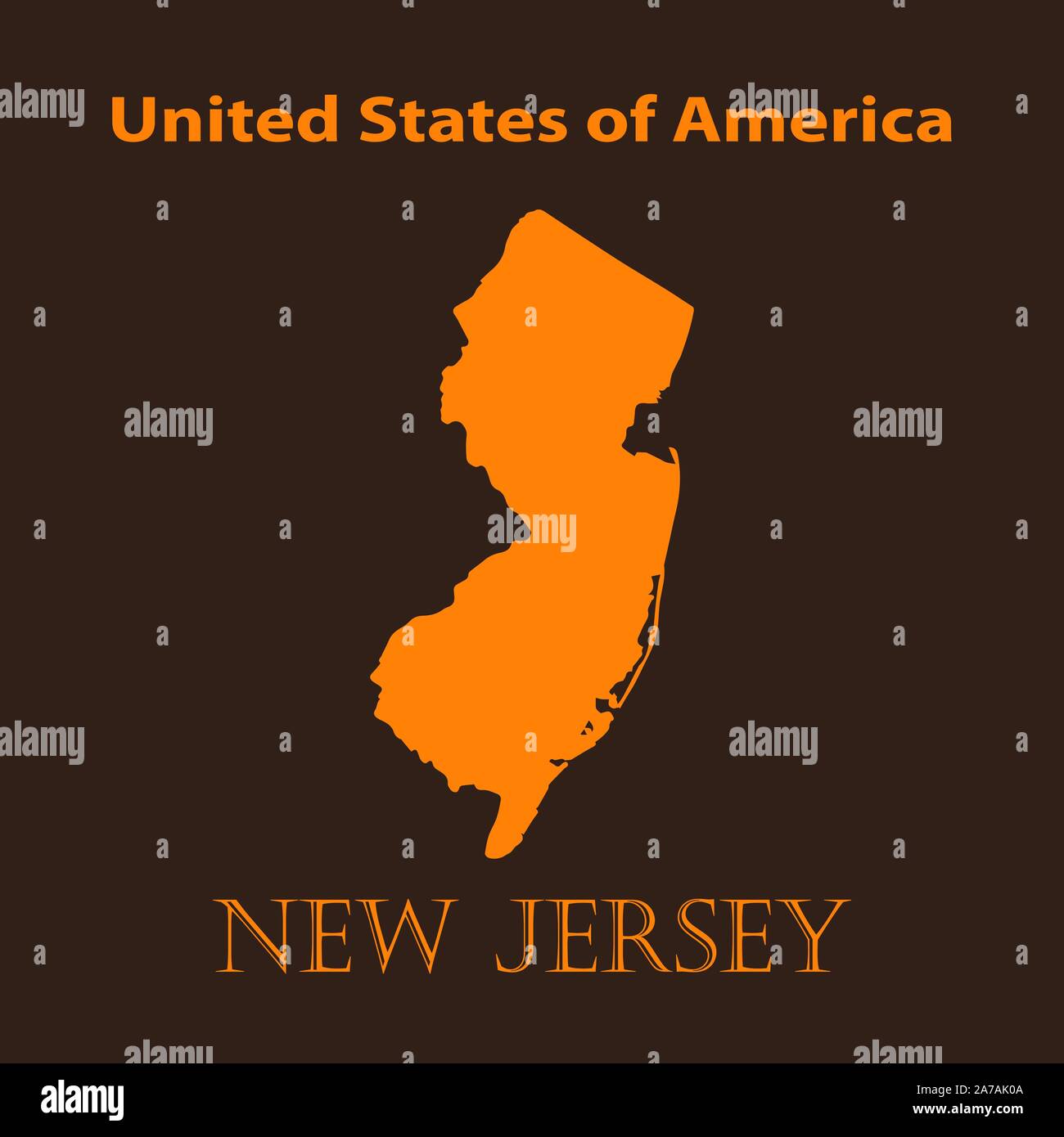 Mapa de Nueva Jersey naranja - ilustración vectorial. Mapa Plano simple de Nueva Jersey, sobre un fondo marrón. Ilustración del Vector