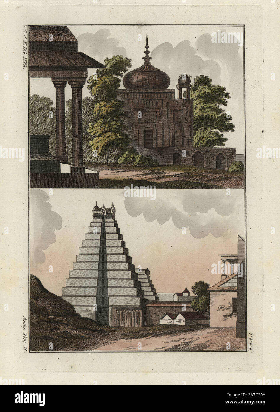 Con una cúpula y la tumba india India pagoda escalonada. Copperplate Handcolored grabado de