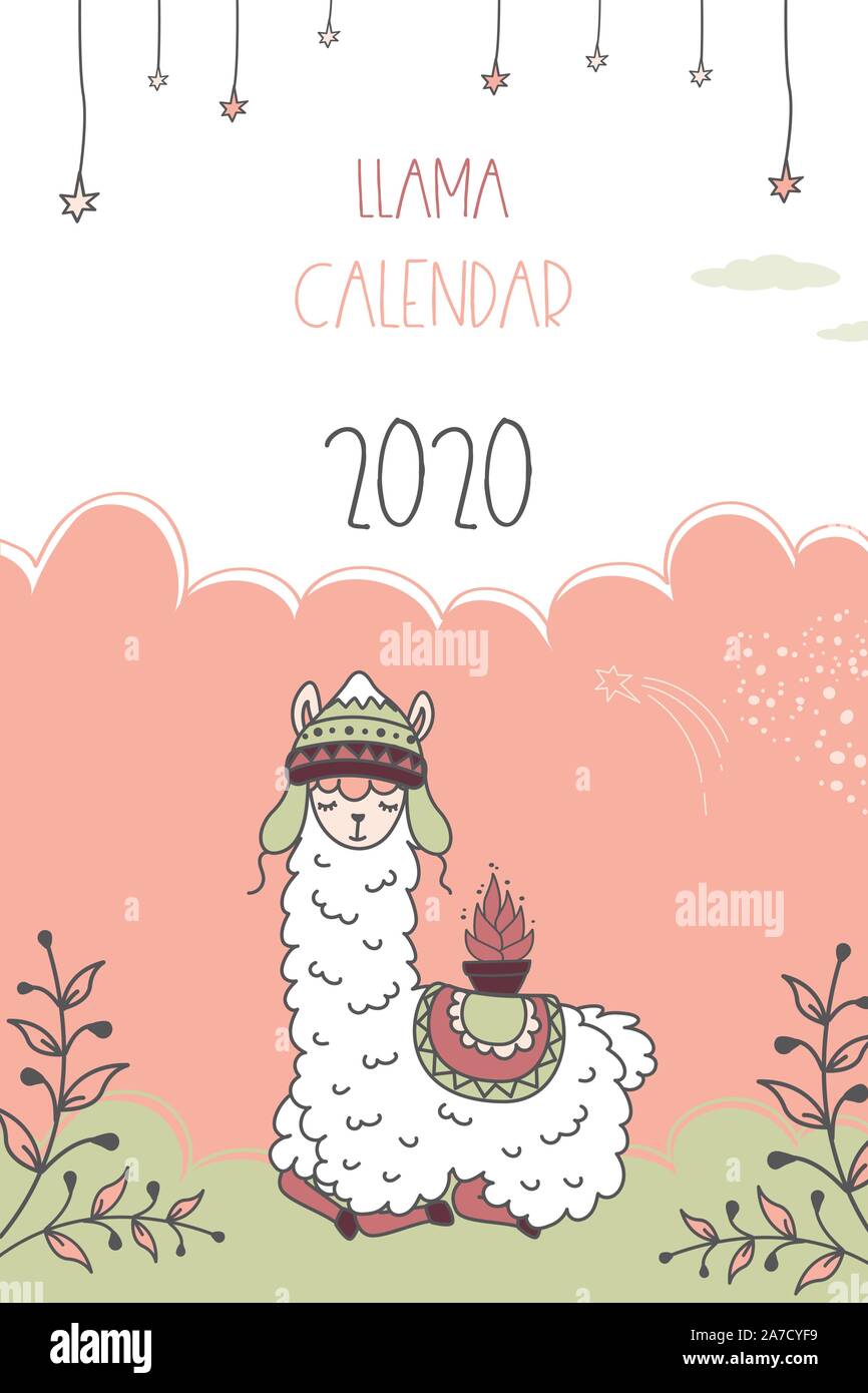 Portada Calendario 2020 plantilla. Lindo diseño de llamas. Personaje de dibujos animados de alpaca. Funny animal. Ilustración vectorial Ilustración del Vector