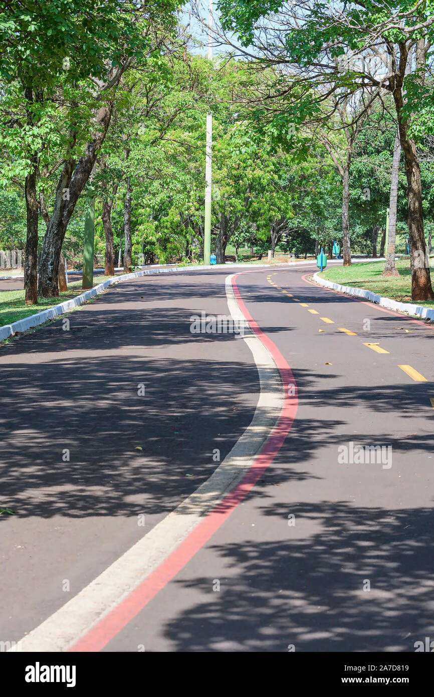 Campo Grande - MS, Brasil - 30 de octubre de 2019: el camino y el carril bici del Parque de las Naciones, rodeado de árboles autóctonos. Foto de stock