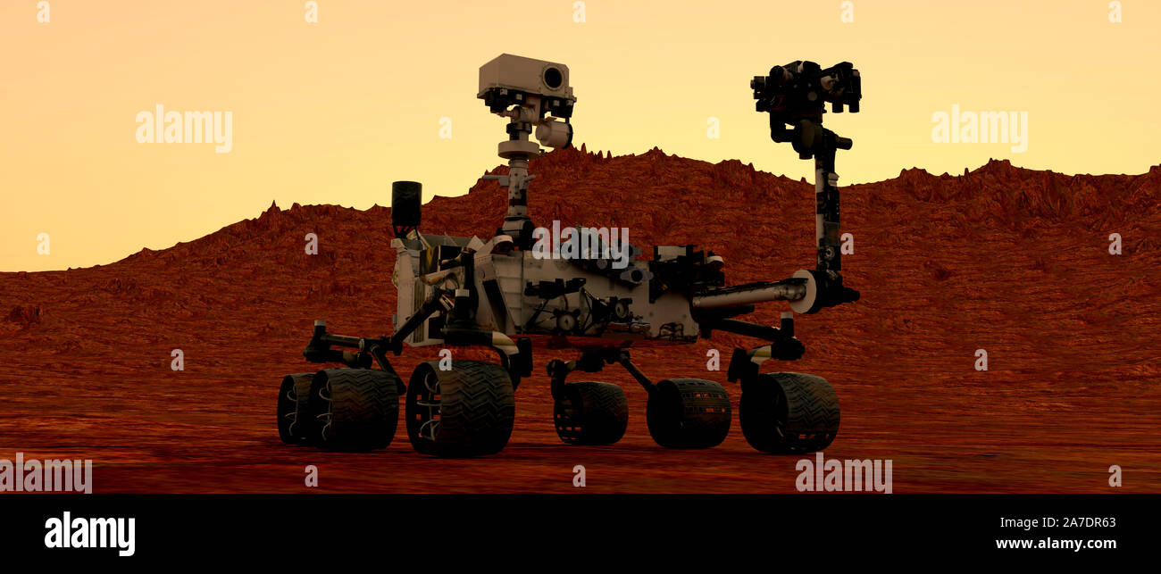 Mars Rover curiosidad muy detalladas y realistas en 3D ilustración. Los elementos de esta ilustración son amuebladas por la NASA. Foto de stock