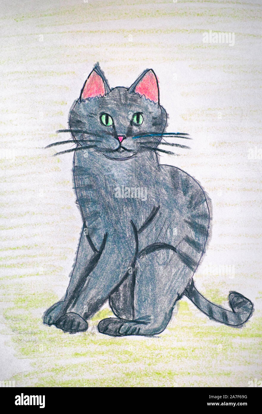 Gato Gris. Niño lápiz de dibujo a mano alzada Fotografía de stock - Alamy