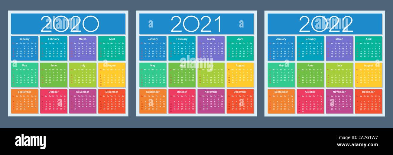 Calendario 2020 2021 2022 Colorido Conjunto La Semana Comienza En Domingo Ilustración 