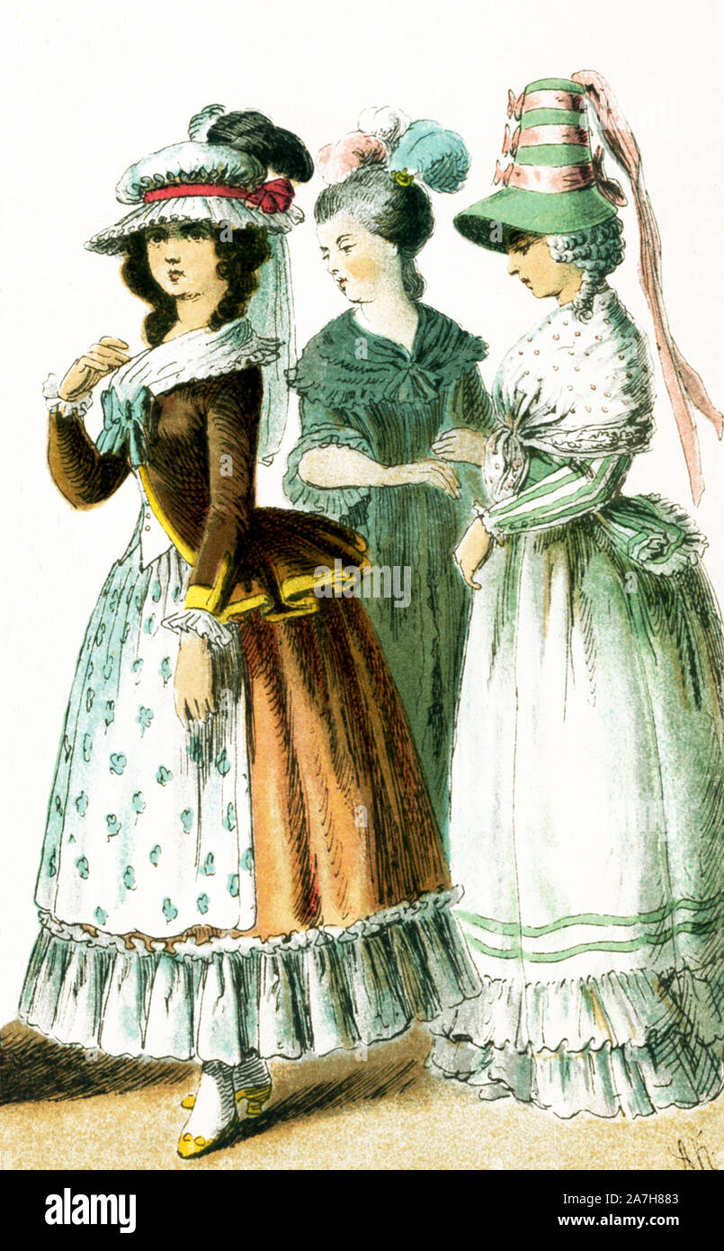 Aquí se muestran las mujeres francesas entre 1750 y 1800. Ellos son, de izquierda a derecha: dos damas en 1785 y una dama en 1790.Esta ilustración data de 1882. Foto de stock