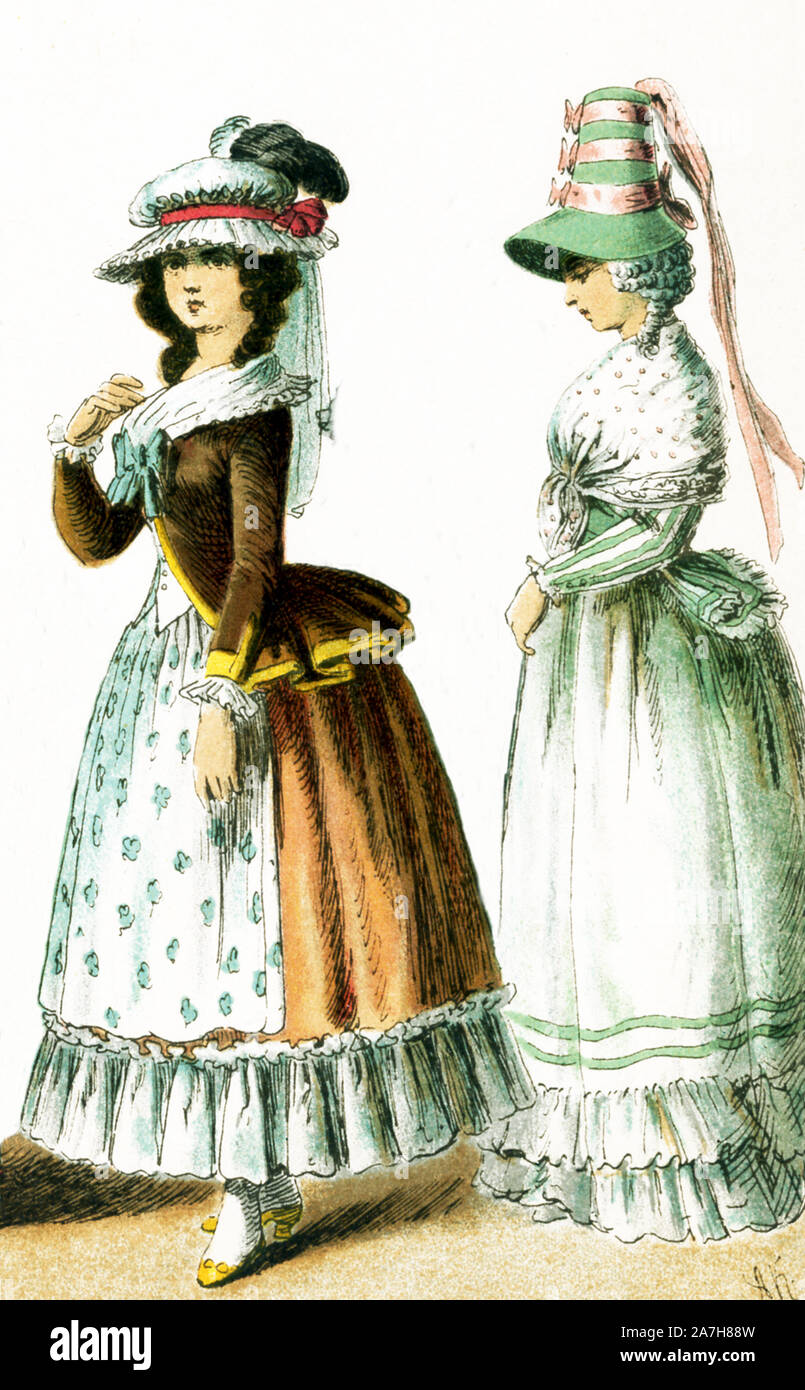 Aquí se muestran las mujeres francesas entre 1750 y 1800. Ellos son, de izquierda a derecha: Una señora en 1785 y una dama en 1790. Esta ilustración se remonta a 1882. Foto de stock