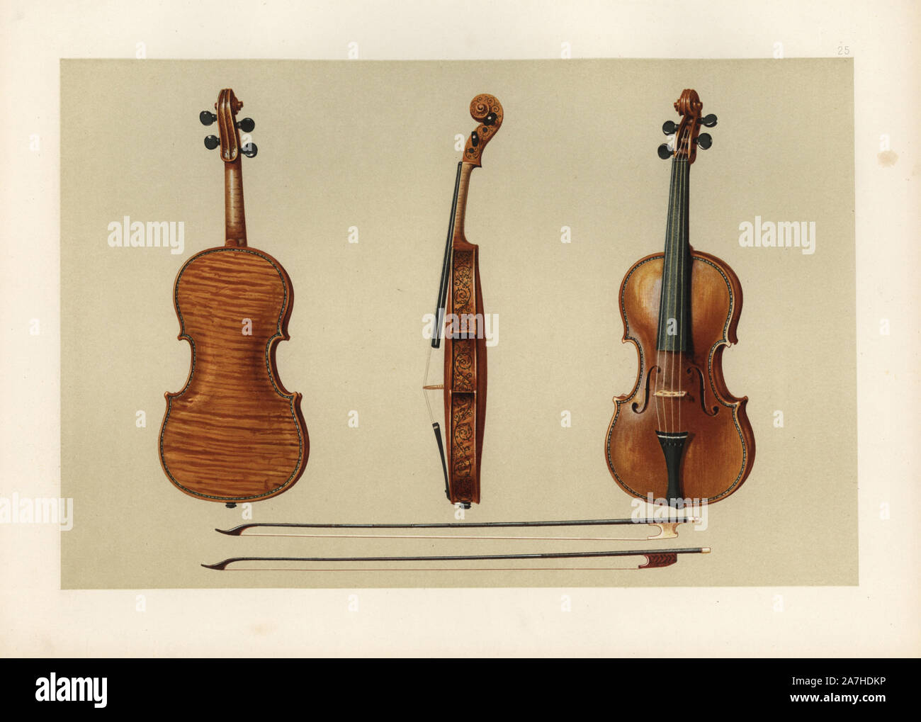 El violín comprado por Sir Samuel Hellier en 1679 desde el maker Antonius  Stradivarius a sí mismo. Dos antiguos arcos destaca por sus acanaladuras  debajo. Chromolithograph desde una ilustración por William Gibb