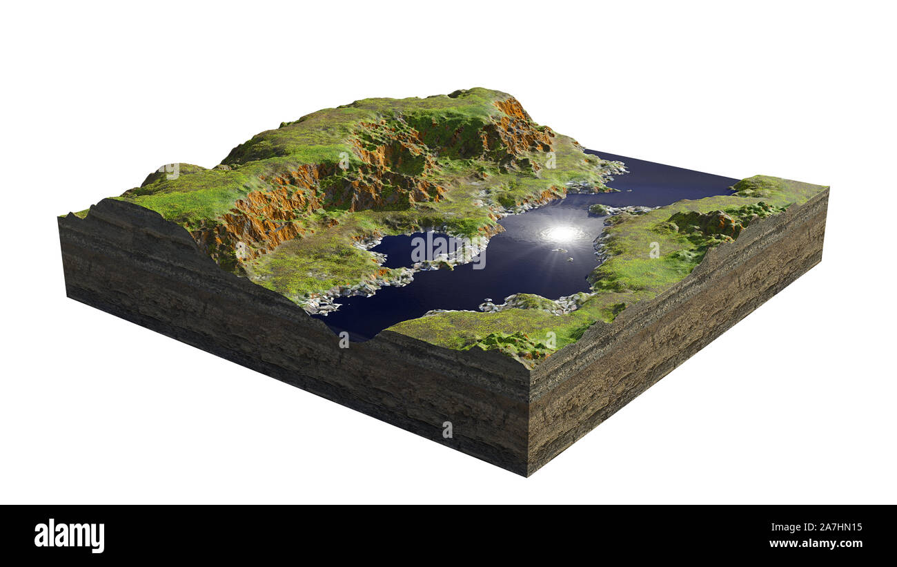 Modelo de una sección transversal del suelo con colinas, ríos y prados Foto de stock