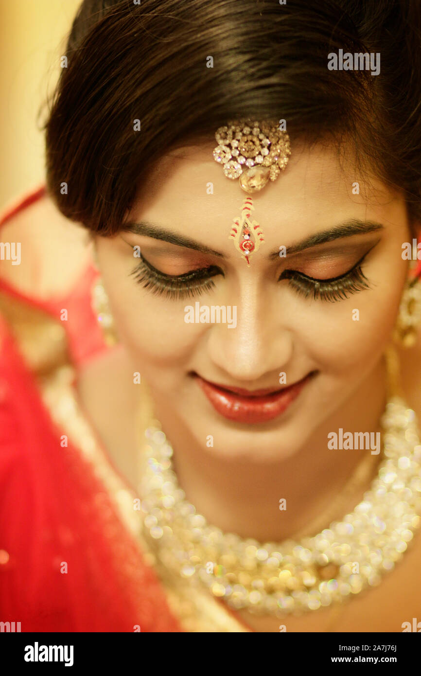 Impresionantes vestidos de novia india hindú vestidos de boda tradicional  rojo sari bordada con joyas de oro y un velo sonríe tierno con copia extra  spa Fotografía de stock - Alamy
