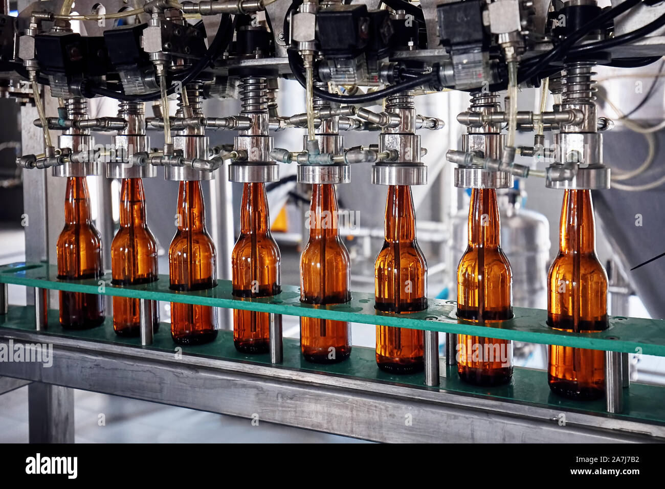 Llenado de botellas de cerveza en la cinta transportadora en la fábrica de  cerveza Fotografía de stock - Alamy