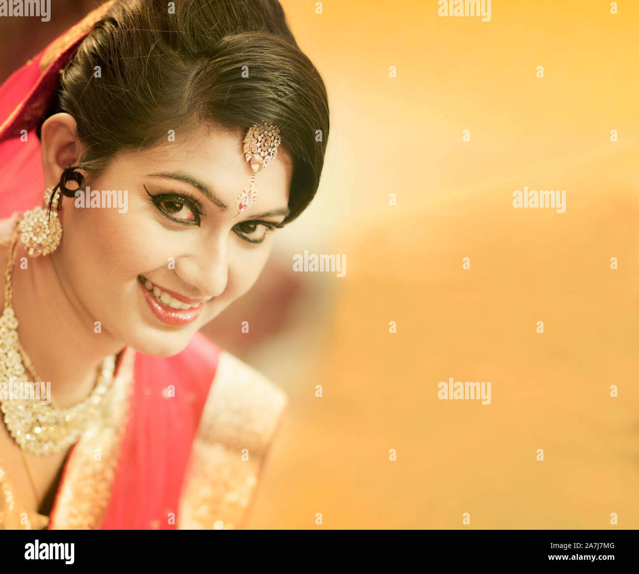 Impresionantes vestidos de novia india hindú vestidos de boda tradicional  rojo sari bordada con joyas de oro y un velo sonríe tierno con copia extra  spa Fotografía de stock - Alamy