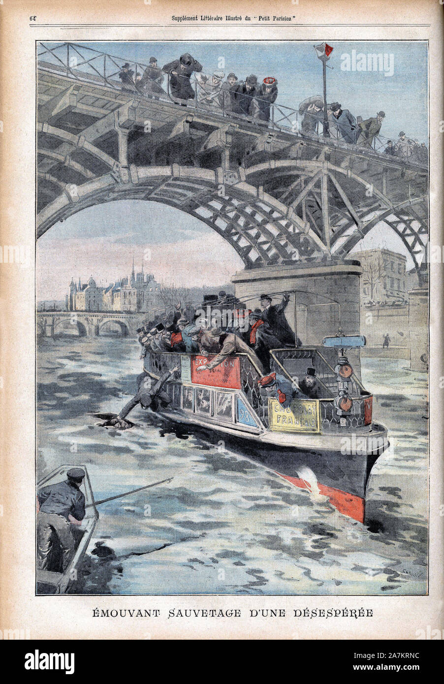 Sauvetage d'un femme, tombee dans la Seine du Pont des Arts de París. Huecograbado en "Le Petit Parisien", le 25/02/1906. Foto de stock
