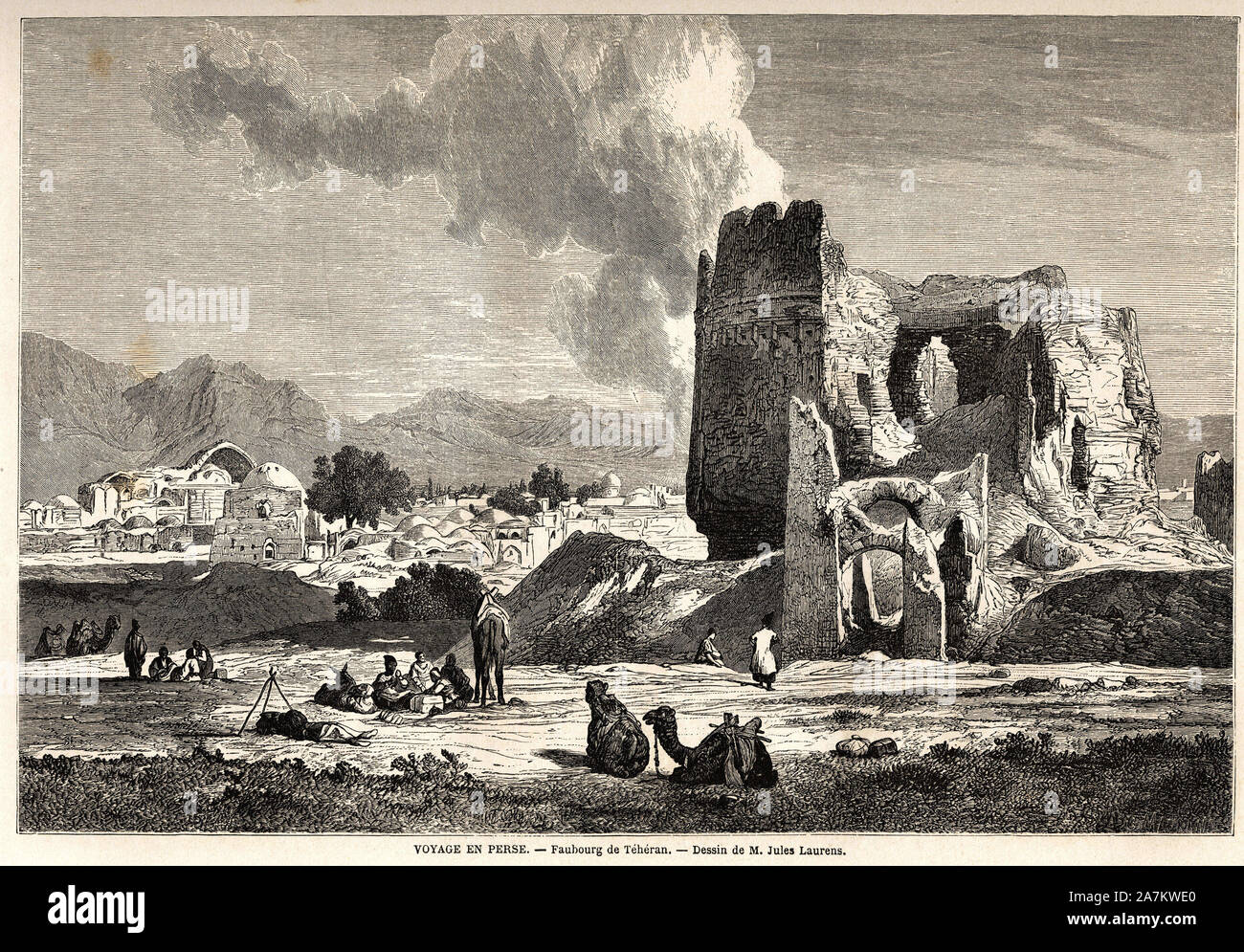 Les faubourgs actuel de Teherán (Irán). Dessin de Jules Laurens (1825-1901), pour le voyage en illustrer Perse, de 1855 a 1858, d'Arthur Gobineau (181 Foto de stock