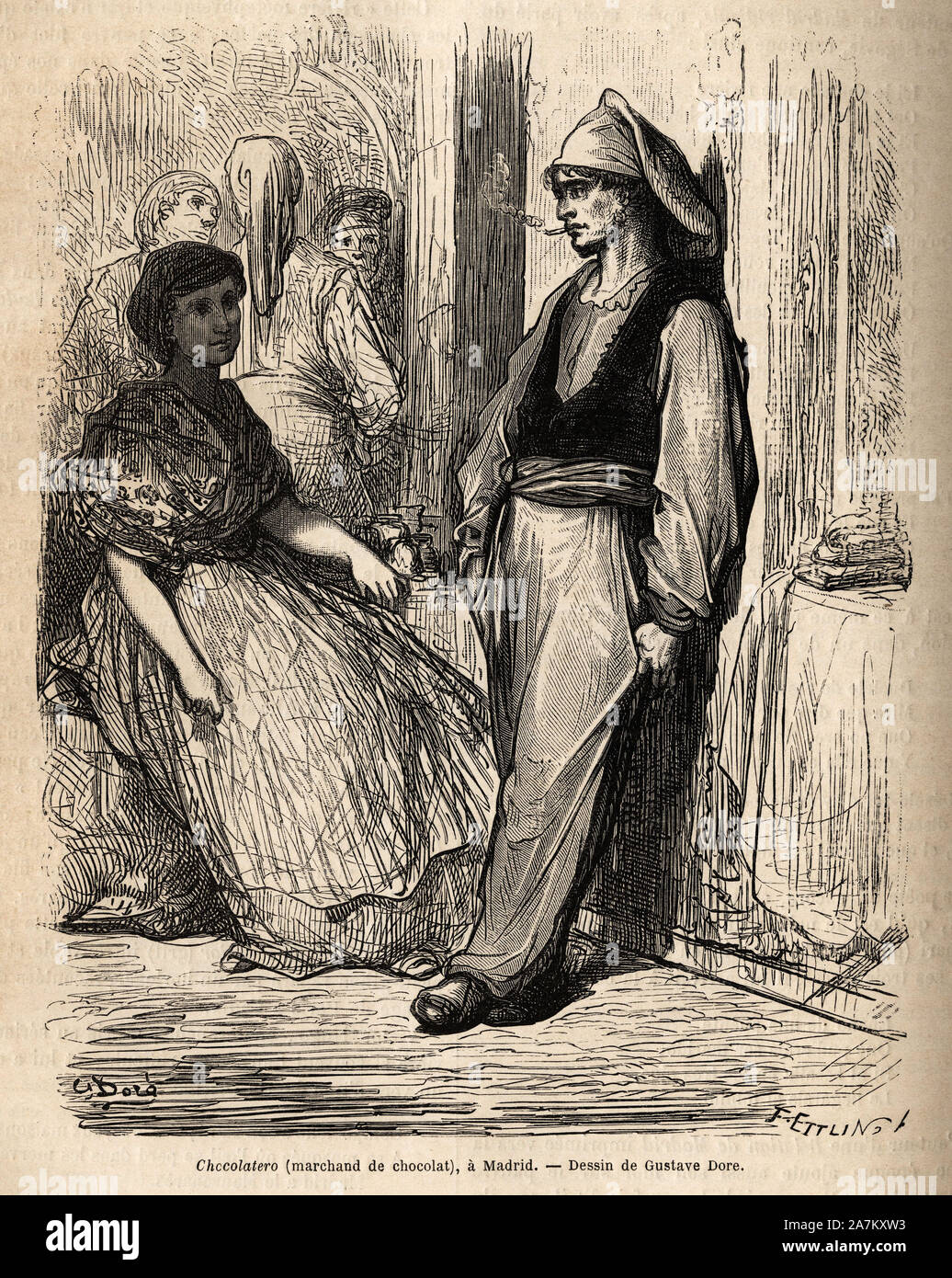 Onu marchand de chocolat en plein air, croquis sur le vif pris a Madrid. Huecograbado de Gustave Doré ( 1832-1883) pour illustrer hijo voyage en Espagne, ave Foto de stock