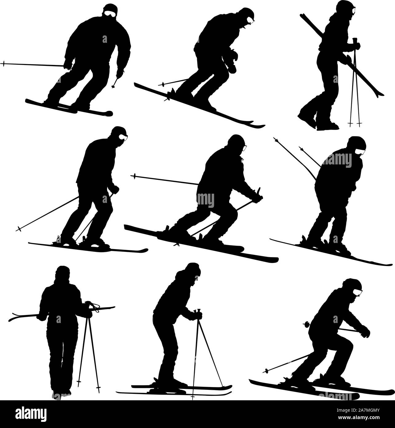 Conjunto esquiador de montaña acelerando la silueta deportiva pendiente abajo. Ilustración del Vector