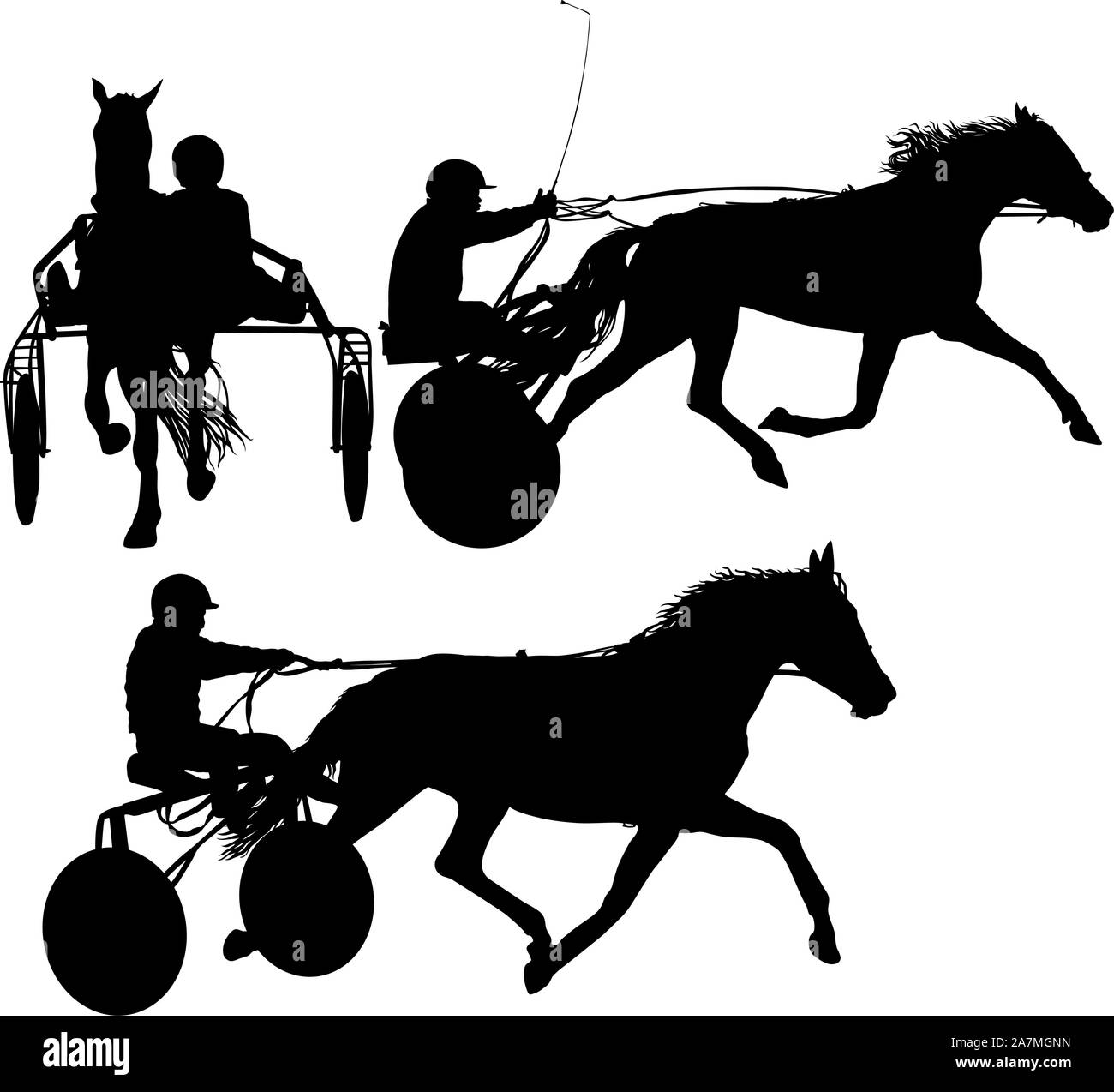 Conjunto negro silueta de caballo y jinete. Ilustración del Vector