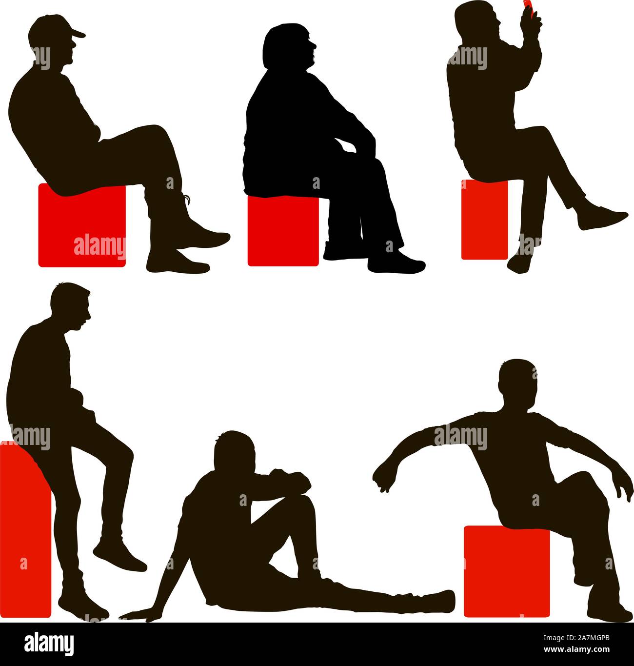 Establecer ilhouette chica sentada sobre una silla en fondo blanco. Ilustración del Vector