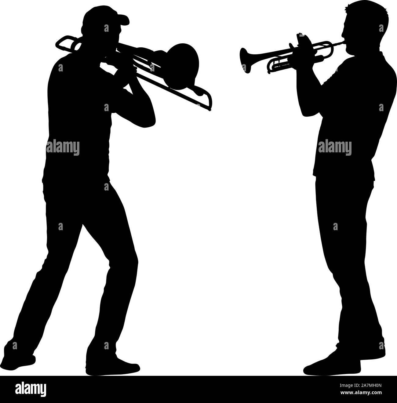 Silueta de músico tocando el trombón y la trompeta sobre un fondo blanco. Ilustración del Vector
