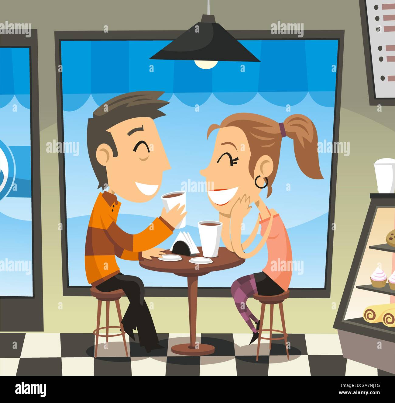 Pareja tomando un café en una cafetería y riendo, con un hombre y una mujer, riendo, compartiendo, tomando un café para ir. Ilustración vectorial de dibujos animados. Ilustración del Vector
