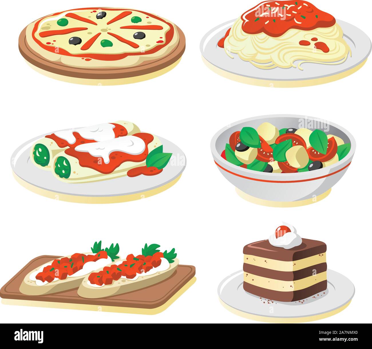 Platos de la cocina italiana Cartoon ilustración set Ilustración del Vector