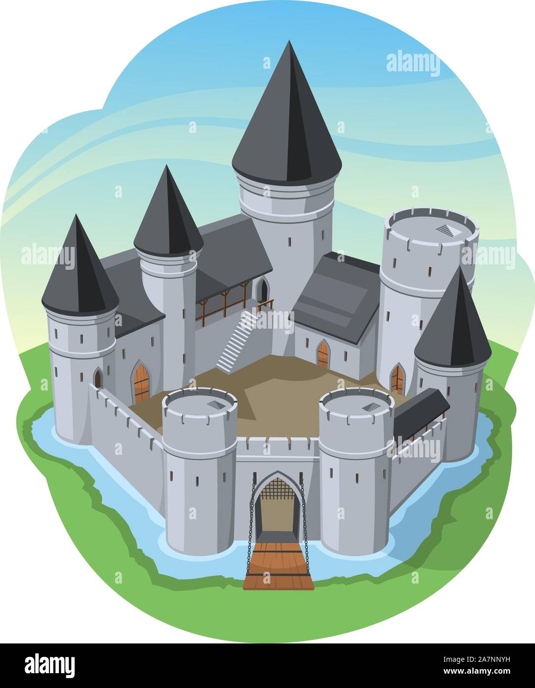 Muralla de piedra que rodea el castillo fortaleza, rodeada por agua ilustración vectorial de dibujos animados. Ilustración del Vector