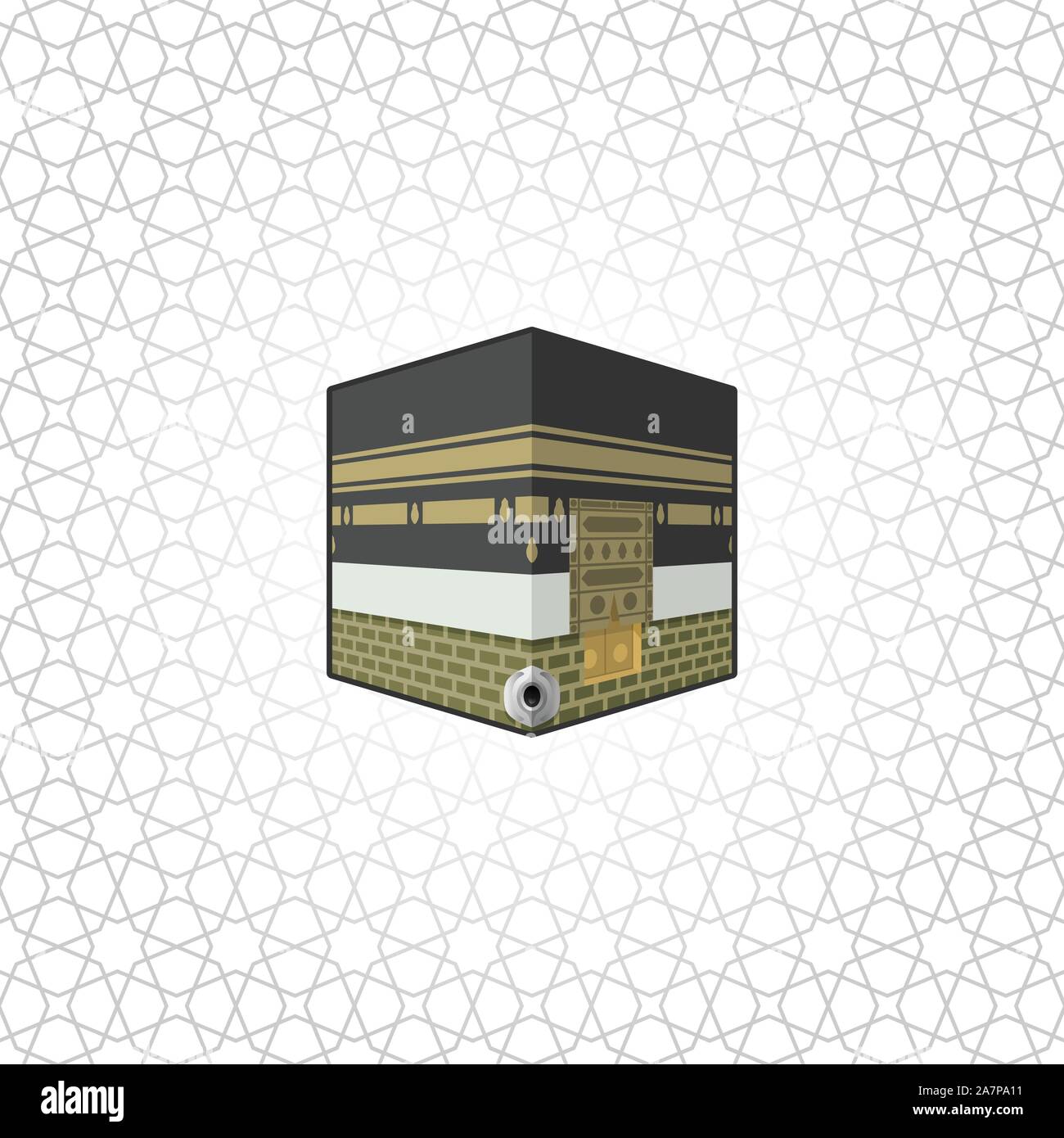 Kaaba edificio en el centro la Gran Mezquita de La Meca, edificio de culto musulmán, Cartoon Ilustración Vector Icono, en geometría islámica de fondo. Ilustración del Vector
