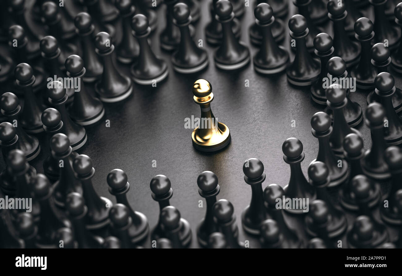 Ilustración 3D de peones negros alrededor de una dorada sobresalir entre la multitud. Concepto de liderazgo Foto de stock