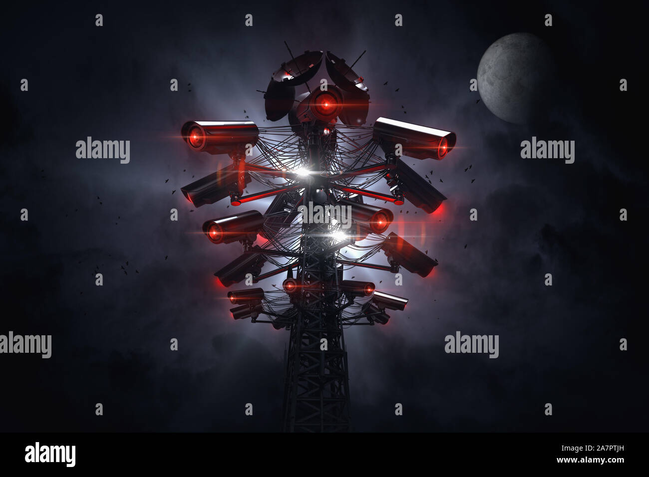 Tower o torre con muchas cámaras CCTV surveilling los alrededores cercanos. Futuro con vigilancia constante de una inteligencia artificial y cred social Foto de stock