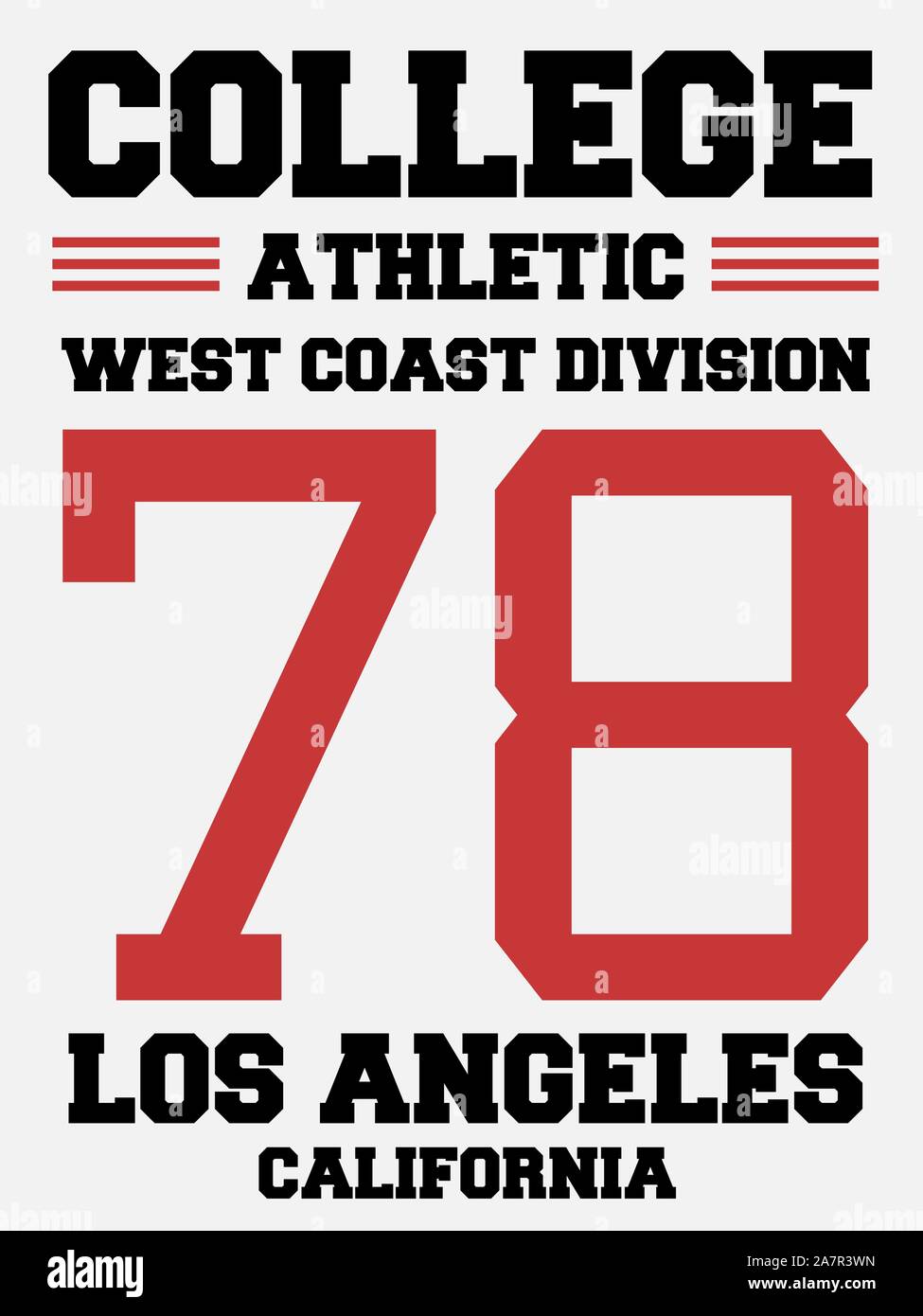 El diseño de camiseta atlético - colegio moda deportiva la tipografía. West Coast - Los Angeles, California. Ilustración del Vector