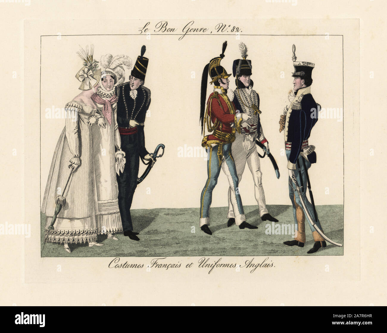 Modas francés e inglés uniformes, 1815. Dos cortesanas francesas en blanco frilled vestidos son abordados por los soldados ingleses, dragones y hussars. Handcolored grabado de Pierre de la Mesangere Le Bon del Modas francés e inglés uniformes, 1815. Dos cortesanas francesas en blanco frilled vestidos son abordados por los soldados ingleses, dragones y hussars. Handcolored grabado de Pierre de la Mesangere Le Bon del