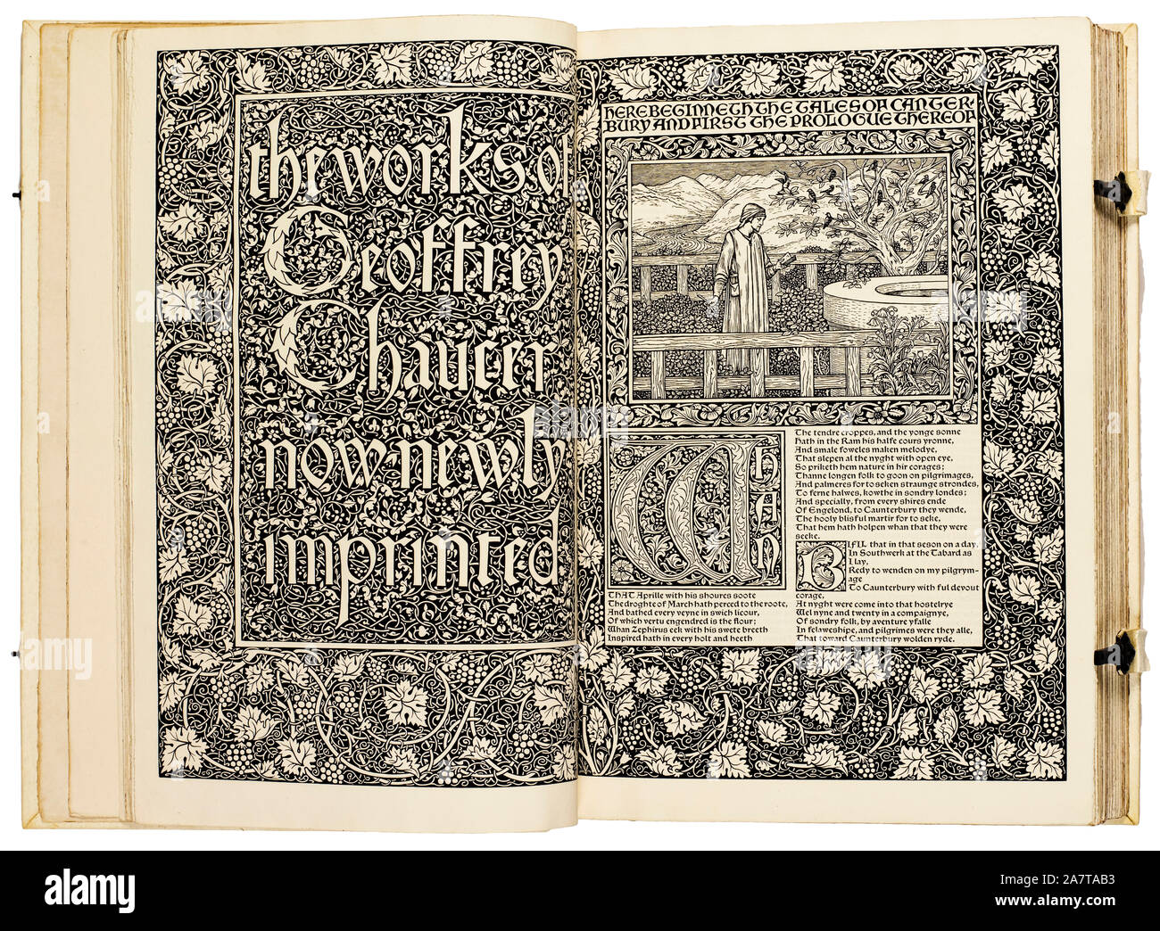 William Morris, libro ilustrado, las obras de Geoffrey Chaucer, ilustración, 1896 Foto de stock