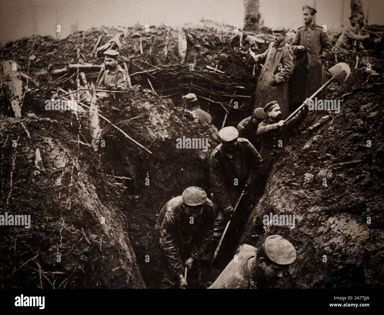 Soldados alemanes cavar trincheras cerca del Bosque de Argonne, una tira larga de Rocky Mountain y bosques silvestres en el noreste de Francia, aproximadamente a 200 km (120 millas) al este de París, Francia. Más tarde se convirtió en la ubicación del Mosa-Argonne ofensiva, una parte importante de la ofensiva aliada final de la I Guerra Mundial, que se extendía a lo largo de todo el frente occidental. Se luchó desde el 26 de septiembre de 1918 hasta el armisticio del 11 de noviembre de 1918, un total de 47 días. Foto de stock