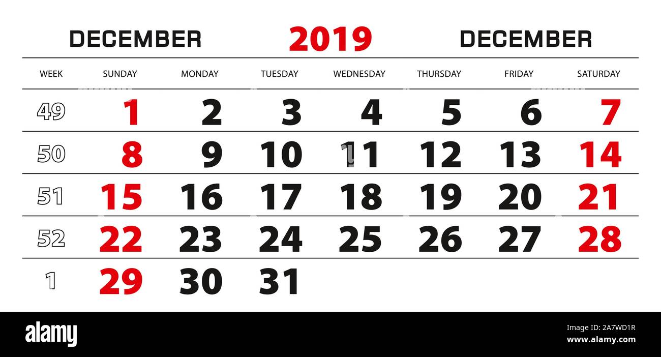 Calendario De Pared 2019 Para El Mes De Diciembre Inicio De La Semana Desde El Domingo Tamano De Bloque 297x140 Mm Imagen Vector De Stock Alamy calendario semana 50